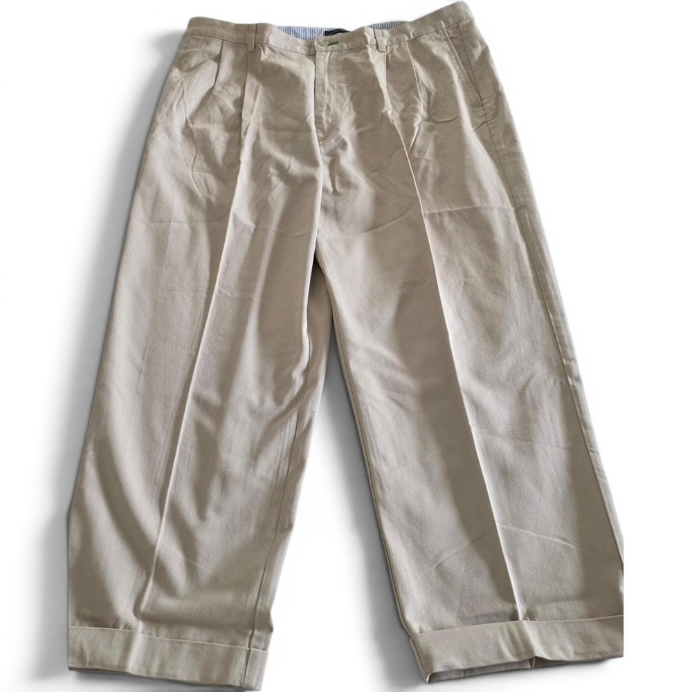 Tommy Hilfiger Y2K Pleated Khaki Chino Pants Mens 42x32 Beige Cuffed Relaxed Fit